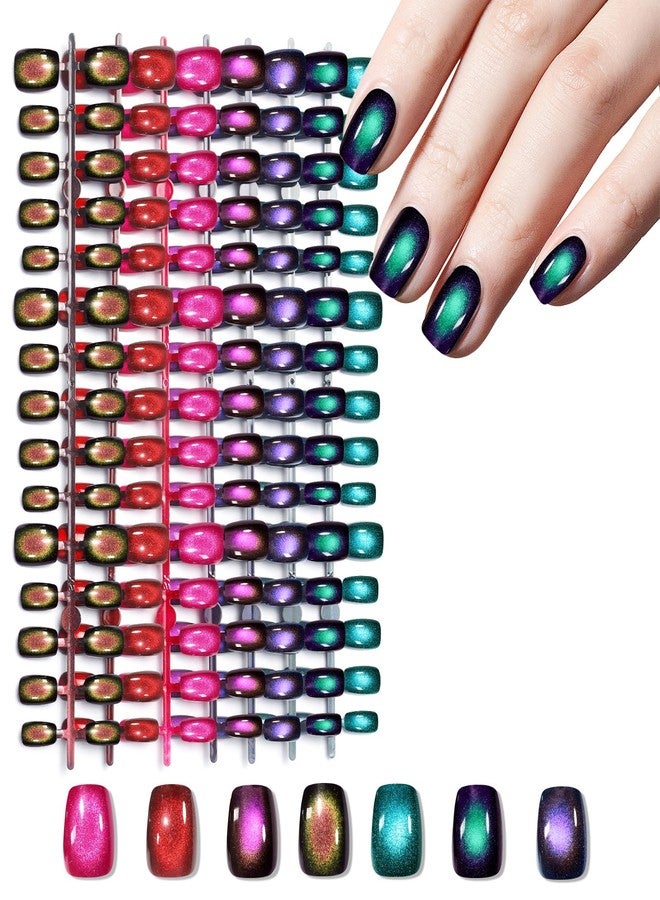 Laza 210pcs Cat Eye Press on Nails for Women 7 Colors Glossy Glitter Black Hole Short Square Reusable Nail Tips in 15 Sizes Long Lasting Salon Fake Nails Stick - Galaxy Chameleon - Image 1